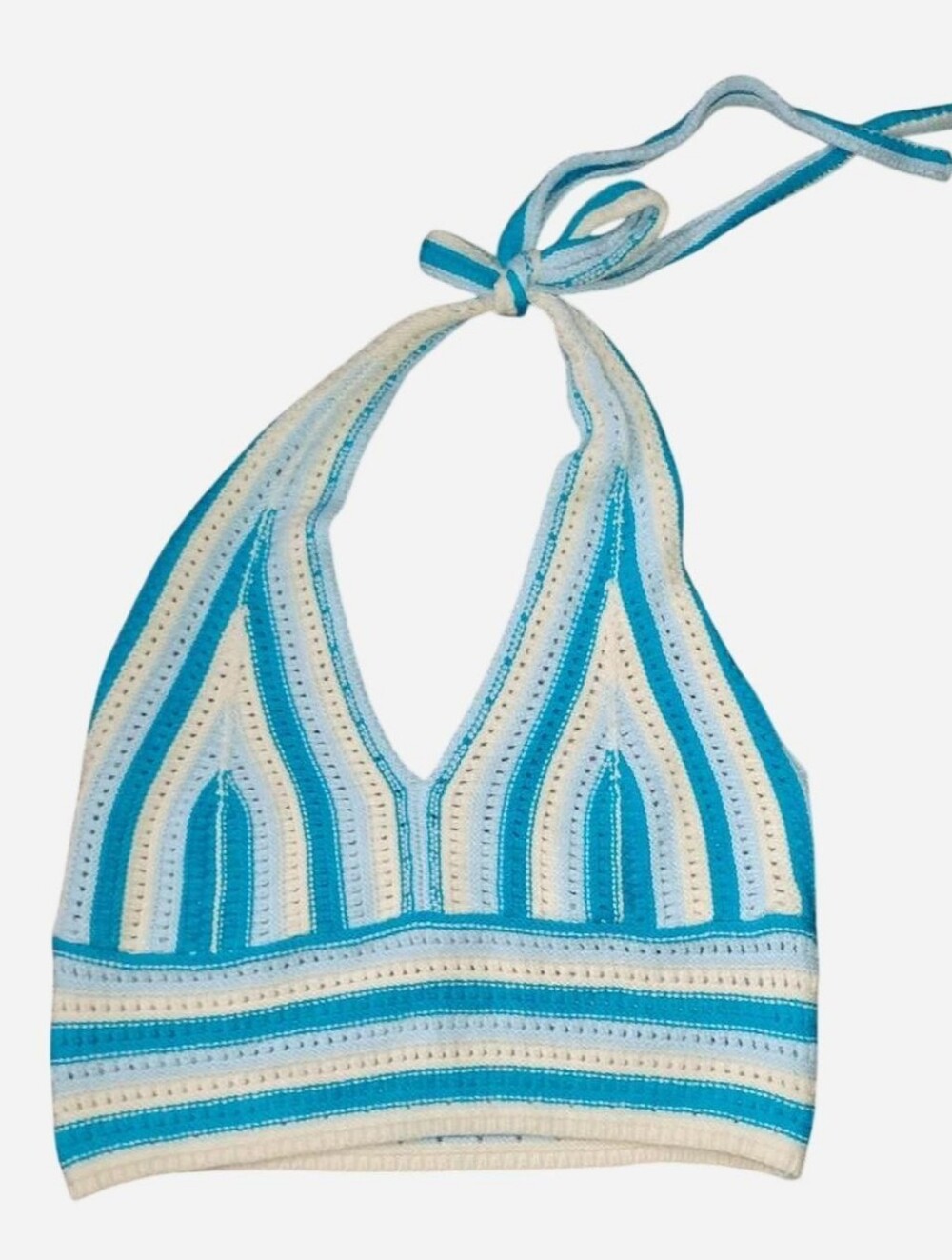 Y2K Striped Crochet Halter Top – Blue & White Knit Crop Tank